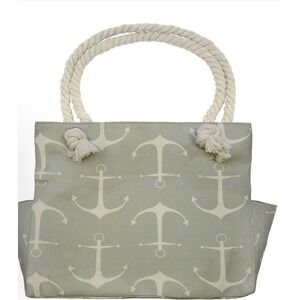Grey Canvas Fabric Tote Bag With White Anchor Pattern Twisted White Rope Handel